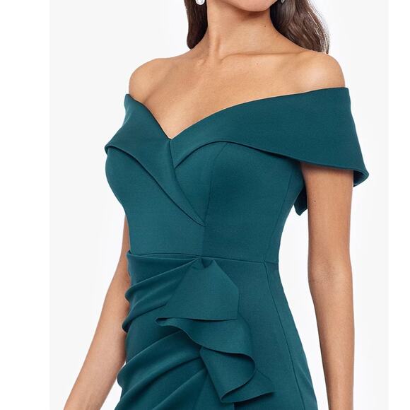 Xscape Scuba Off-The-Shoulder Gown Dress Hunter Green Size 8 NWT Elegant Sheath - Picture 9 of 16